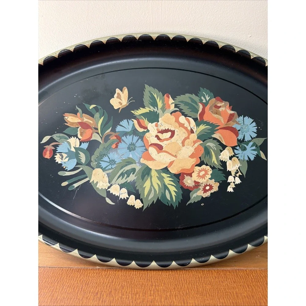 Vintage Hand Painted Tole Toleware Floral Metal Tray Decor Cottagecore